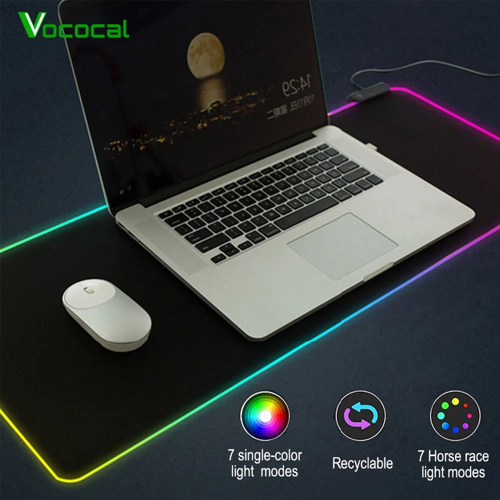 Большой светодиодный RGB коврик для мыши Vococal проводной игровой геймерский с