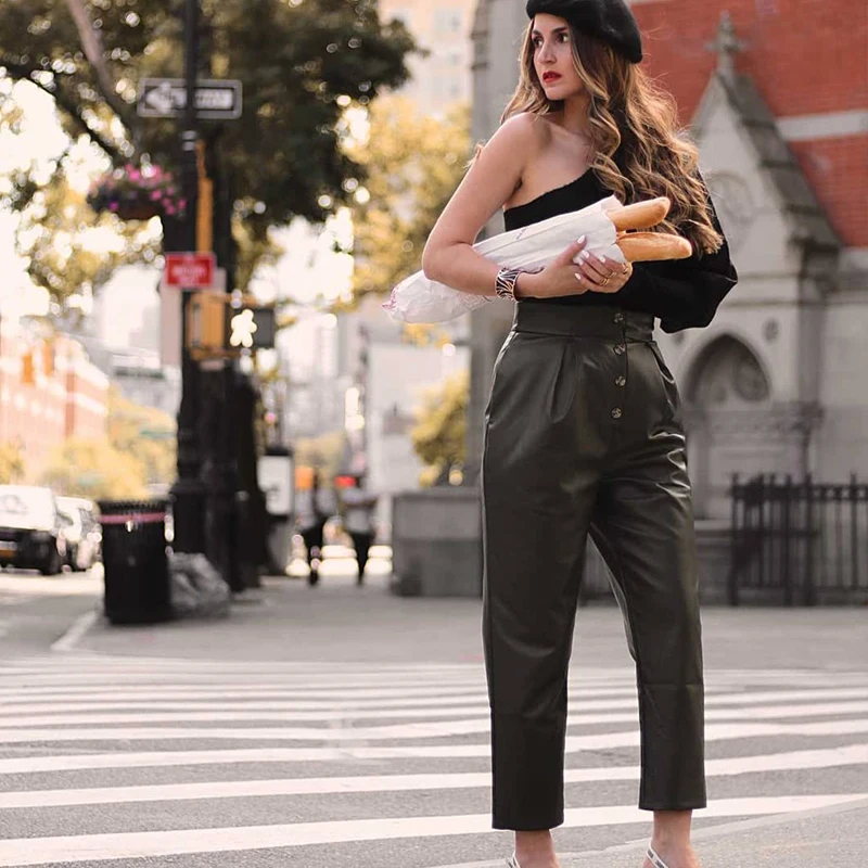 InstaHot Women Faux Leather Pant Autumn Pockets Button Loose Straight Casual Elegant Streetwear Solid Green Black Trousers | Женская