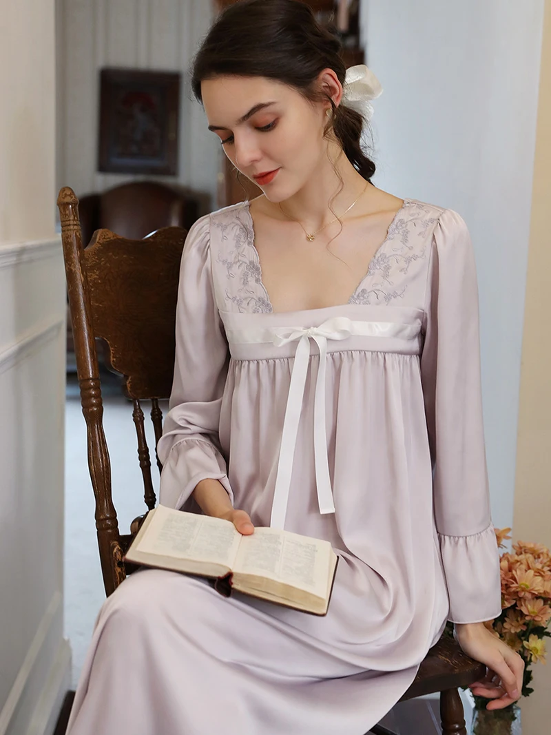 

Women Embroidery Korean Style Silk Vintage Princess Night Dress Sweet Long Sleeve Elegant Loungewear Pajama Pour Femme Sleepwear