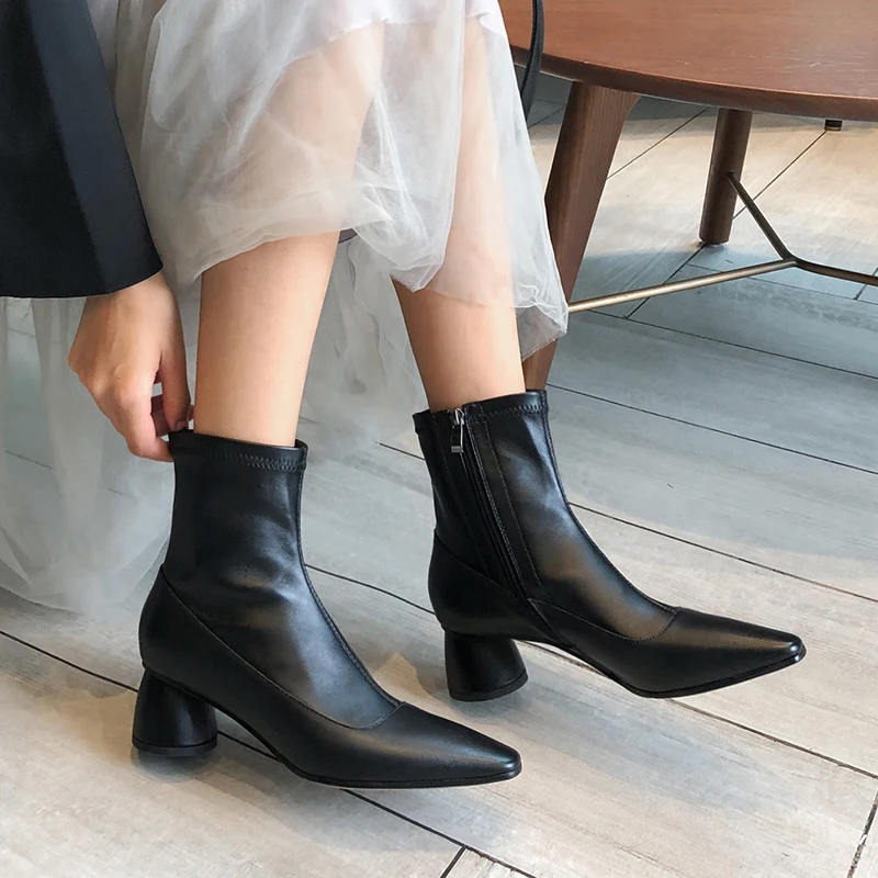 

ISNOM Cow Leather Stretch Ankle Boots Women High Heels Booties Square Toe Shoes Female Fashion Party Shoes Ladies Spring 2020