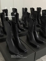 2021 new square toe western denim knight boots thick heel black but knee high leg boot female european and american fashion