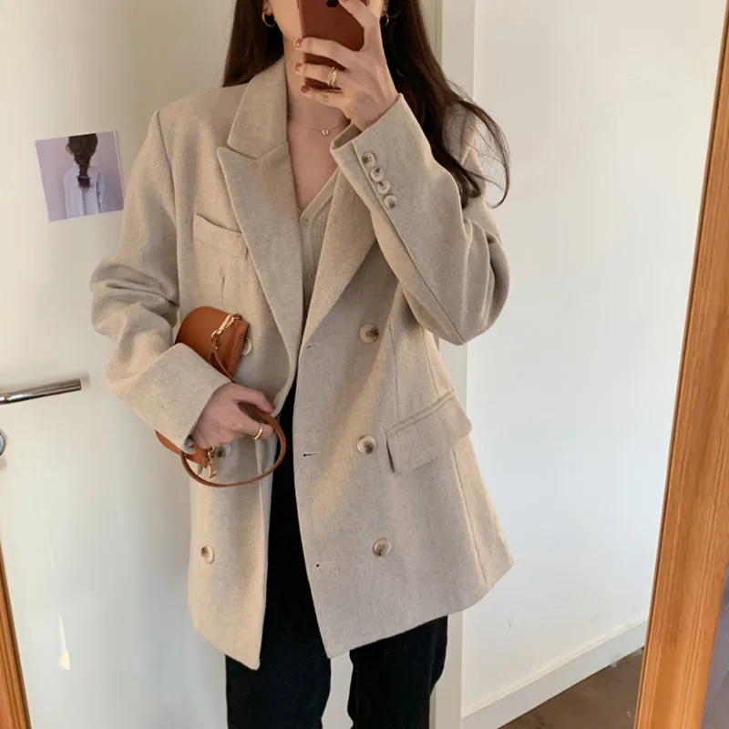 

HziriP OL Basic Notched Oatmeal Woolen Blazer Coat 2021 New Autumn Winter Formal Double Breasted Women Blazers Suit Jacket Tops