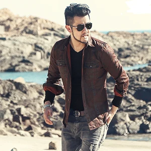 Для мужчин осень-зима Ретро Омывается Повседневное узкая джинсовая рубашка с длинными рукавами Новый европейский Стиль хип-хоп карманы для Для мужчин S898