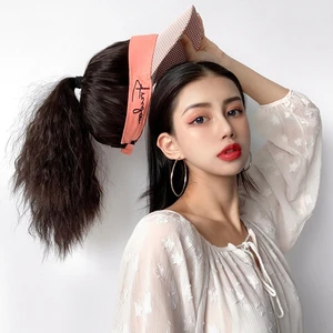 Hat Wig Hat Hair Extension Corn Hot Synthetic Hair High Ponytail Long Curly Hair Woman Headgear Fluffy Whole Wig  Female Wearing