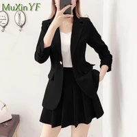 2021 autumn new black slim suit jacket skirt set women korean fashion all match high waist pleated skirts top blazers two piece