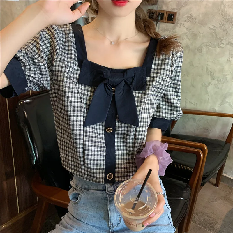 

Square Collar Bow Plaid Short Shirt Women's Design Sense Niche Summer Outdoor Wear Puff Short Sleeve Sweet Top Clothes