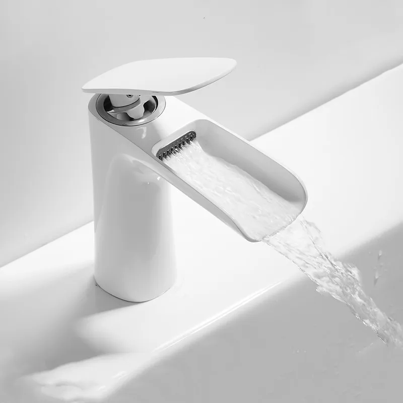 

Wash-basin Faucet Brass Black/White Single Handle Open-type Waterfall Faucets Bathroom Faucet Cold Hot Water Sink Mixing Taps