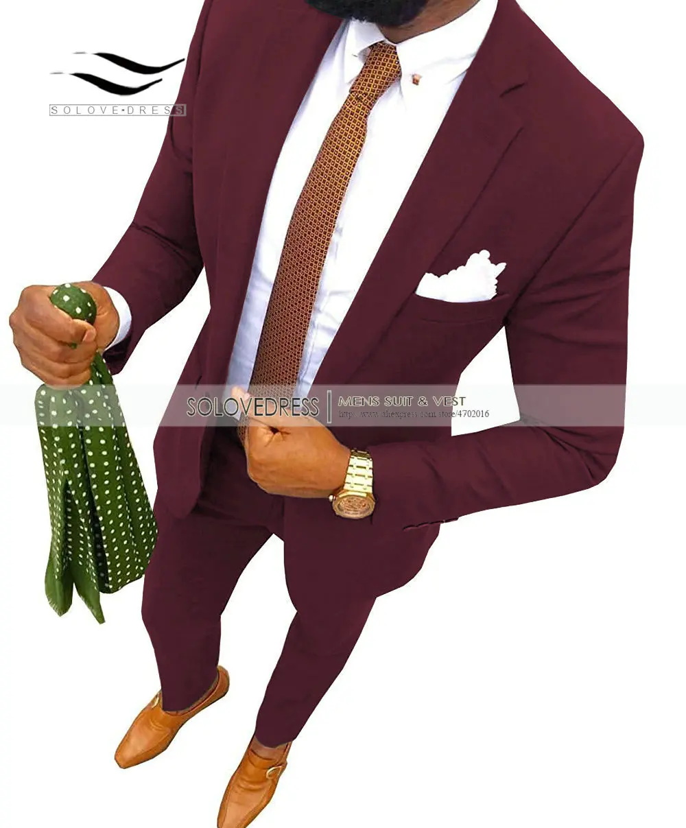 Burgundy Новинка, кофейный мужской костюм, модный, 2 предмета, с отворотом, плоский, приталенный, смокинг, Женихи, мужской блейзер для свадьбы, выпускного, вечерние - Цвет: Burgundy