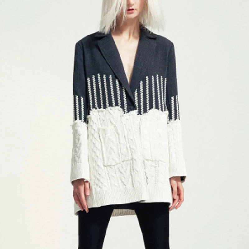 Вязаный шерстяной лоскутный Женский блейзер Европейский подиумный дизайнерский