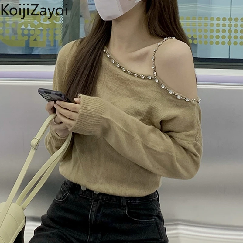 

Koijizayoi Women Sexy Off Shoulder Sweater Bling Bling Diamond Decoration Fashion Lady Thin Winter Pullovers Chic Korean Jumper