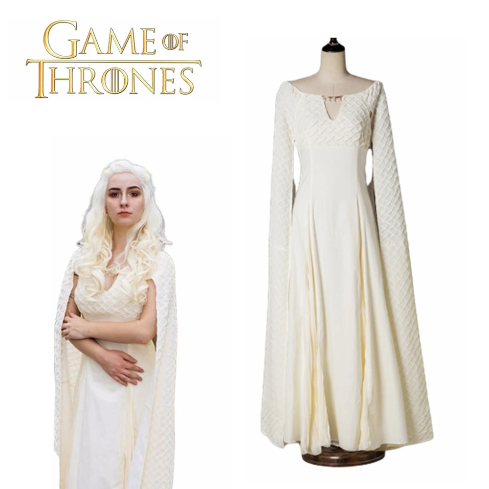 Игра престолов 5 Daenerys Таргариен из сериала "Игра престолов костюмы Платье для косплея бежевое длинное Хэллоуин вечерние платье для маленьких девочек; платье для свадебных торжеств Для женщин