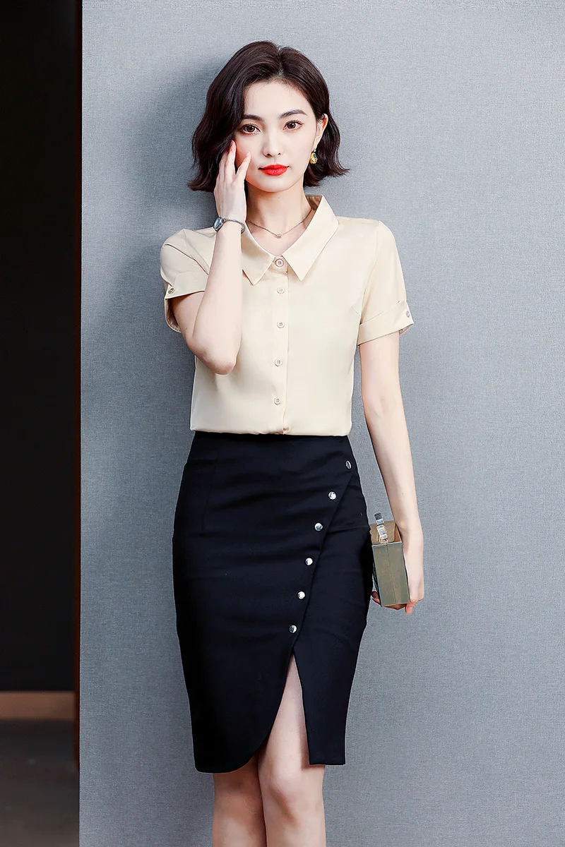 

Summer Korean Fashion Satin Women Shirts Turn-down Collar Office Lady Button Up Blouse Black Short Sleeve Ladies Tops