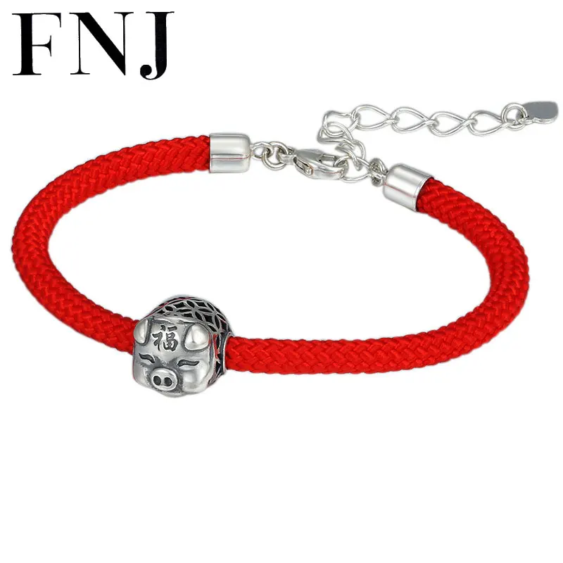 

FNJ 15cm to 19cm Bracelet 925 Silver Pig Charm Red Rope Chain Fashion Original Pure S925 Silver Bracelets for Women gift Jewelry