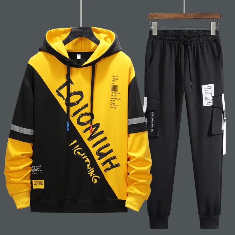 

2021 Men's sportswear 2-piece sweatshirt men's patchwork printed sweatshirt sweatpants suit student sportswear