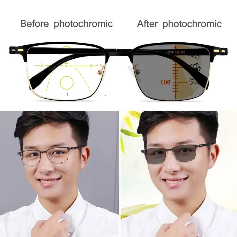 

Multifocal Progressive Photochromic Reading Glasses Men Anti-Blue Light Far Near Change Color Presbyopic Adjustment Eyewear 1.5