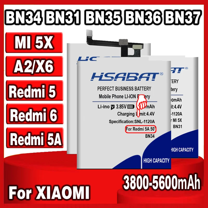 Аккумулятор HSABAT BN31 BN34 BN35 BN36 BN37 для Xiaomi Mi Redmi 6 6A 5X Mi5X Note 5A pro A1 Y1 Lite A2 MiA2 Mi6X 6X 5 7 дюйма |