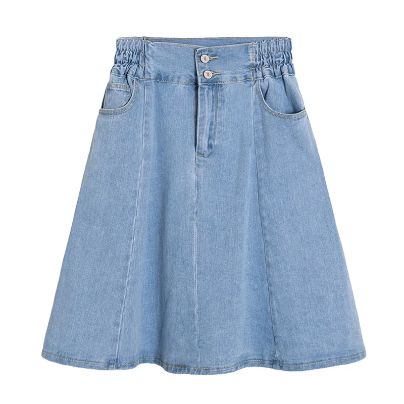 

Denim skirt women's mid-length high waist A-line denim skirt pleated puffy skirt with pocket skirt falda pantalon de mujer