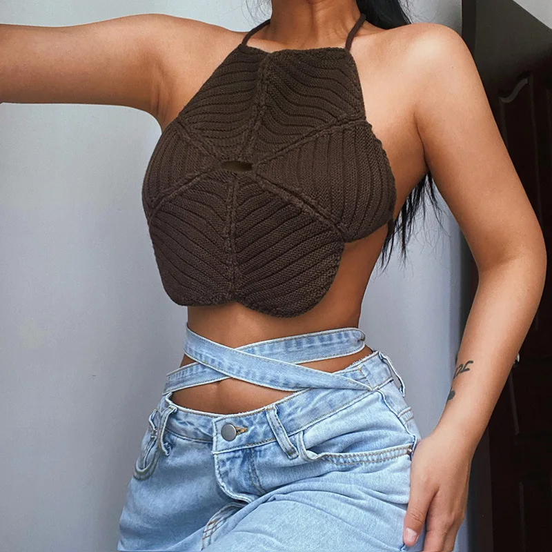 

Sexy Brown Flower Halter Knitted Tank Tops Summer Women Chic Fashion Hollow Out Super-Short Camisoles Hot Girl Casual Streetwear