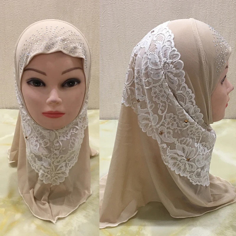 

Lace Inner Hijab Scarf for Kids Muslim Girls Malaysia Hijab with Lace Hot Rhinestone Worship Banana Scarf Hat Islamic Headscarf