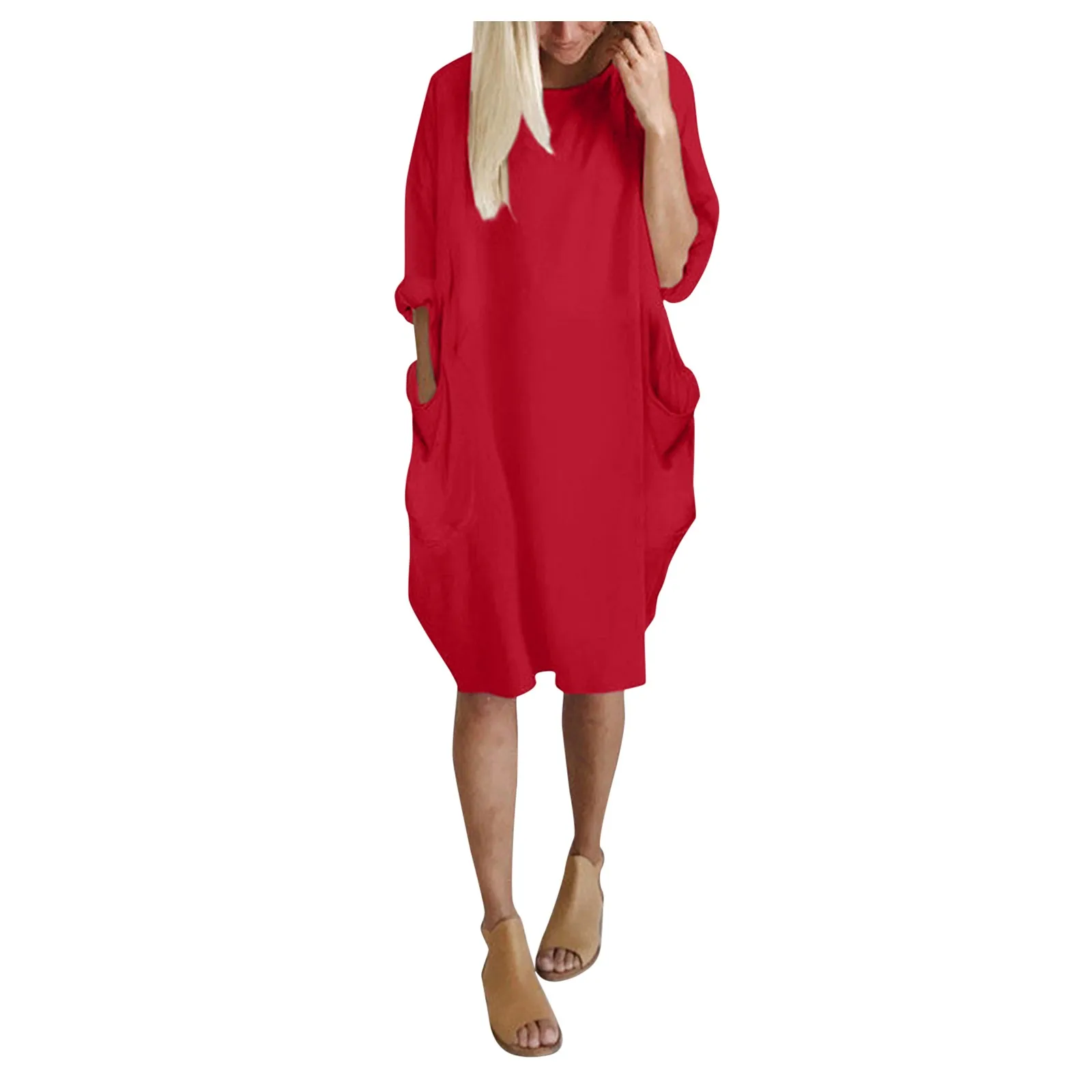 

2021 New Women's Pocket Loose Dress Ladies Round Neck Casual Knee-length Dress For Women Robe Femme #G