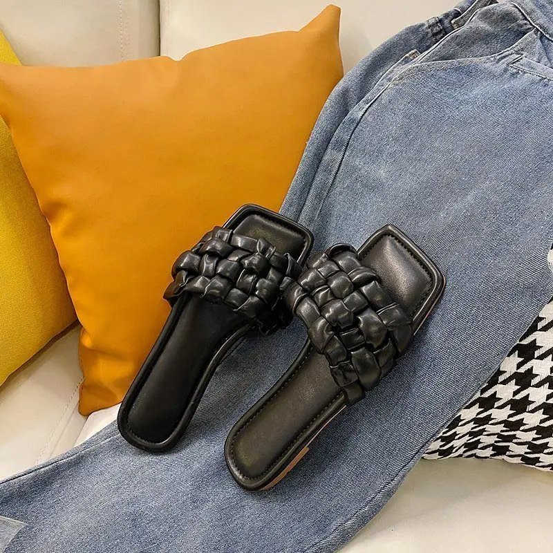 

Women Slip On PU Leather Slippers Ladies Square Toe Weave Sandals Female Summer Open Toe Beach Slipper Woman Comfort Shoe