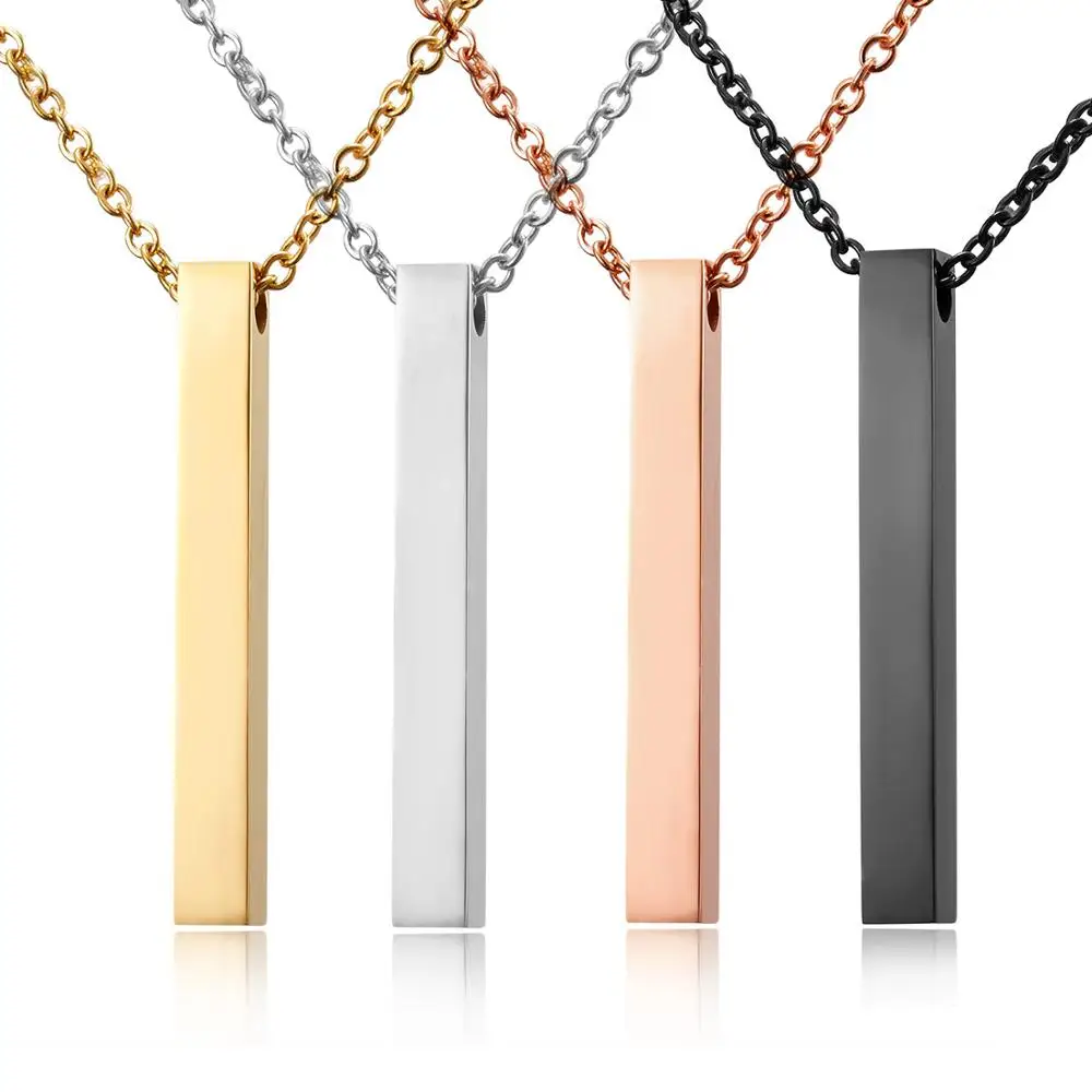 Rinhoo Four Sides Engraving Personalized Square Bar Custom Name Necklace Stainless Steel Pendant For Women/Men Birthday Gift 925 sterling silver custom pendant necklace diy photo engraving necklace custom personalized gifts drop shipping ylq0845