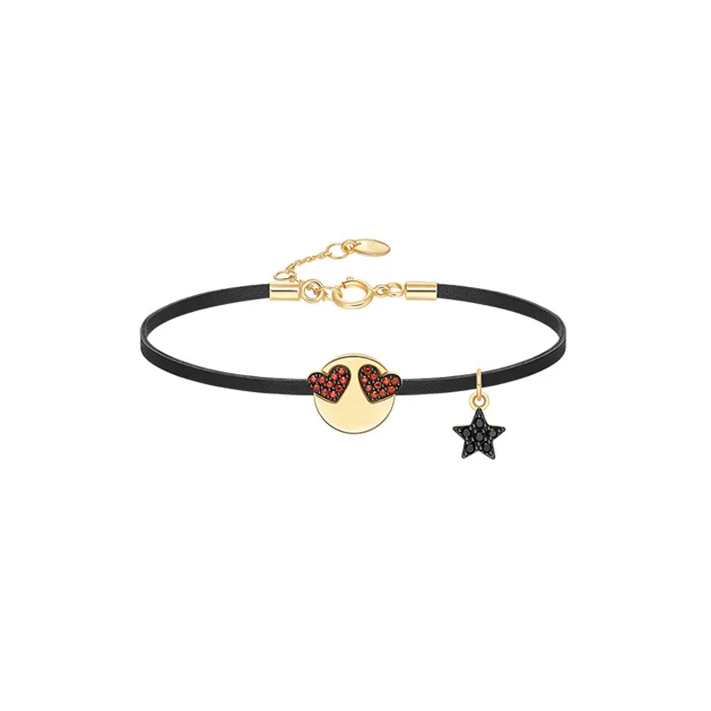 

Real 925 Sterling Silver Funny Loving Emoticon Leather Bracelet with Charm Star Pave Cubic Zirconia Women Fashion Jewelry