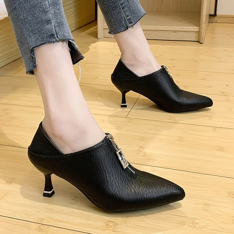 

2020 Spring Women Dress Shoes Zipper High Heels Bare boots Pointed toe Office Shoes Woman Pumps Botas Mujer Thin Heels 8009G