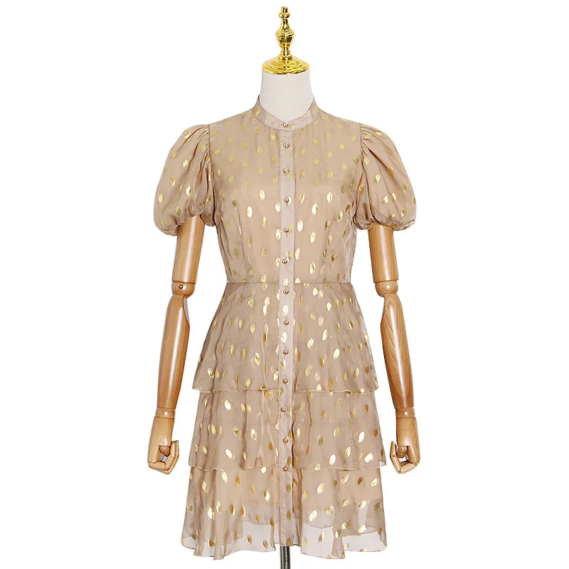 

Chao brand new fashion wave dot short sleeve waist slim layered ruffled dress 28295