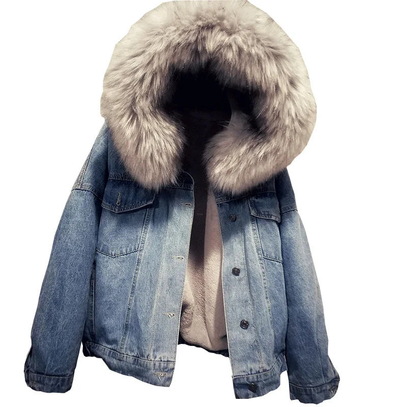 

winter short Korean version hooded cotton Lambs wool coat women padded jacket thickened Plush denim coat women winter