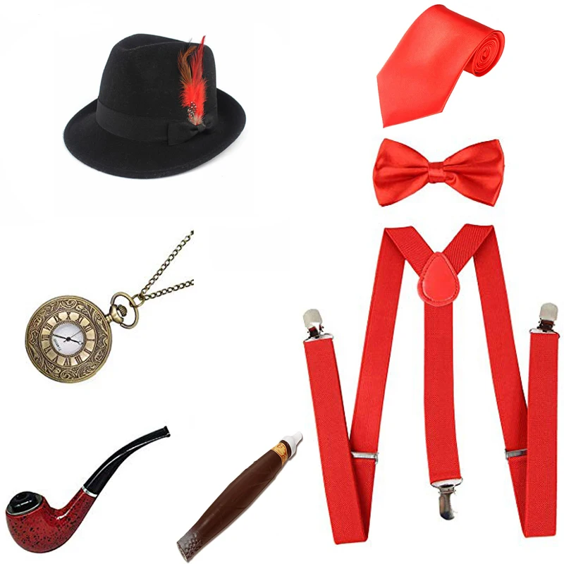 

1920s Mens Gatsby Costume Accessories Manhattan Fedora Hat w/Feather Vintage Pocket Watch Suspenders Pre Tied Bow Costume Pipe