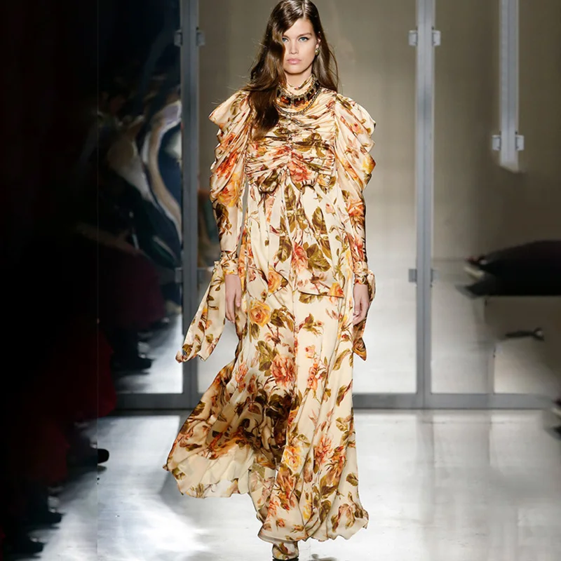 Женское осеннее винтажное платье с рюшами цветочным принтом стоячим воротником