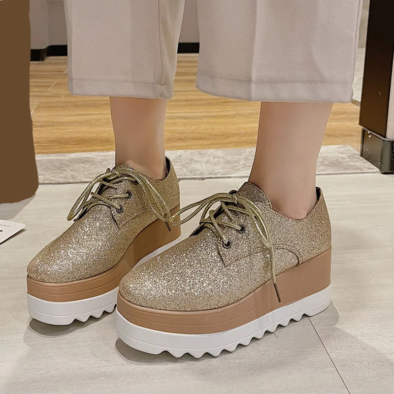 

Rimocy Sequined Cloth Platform Flats Women 2021 Autumn Lace Up Thick Bottom Brogue Shoes Woman Round Toe Chunky Casual Shoes