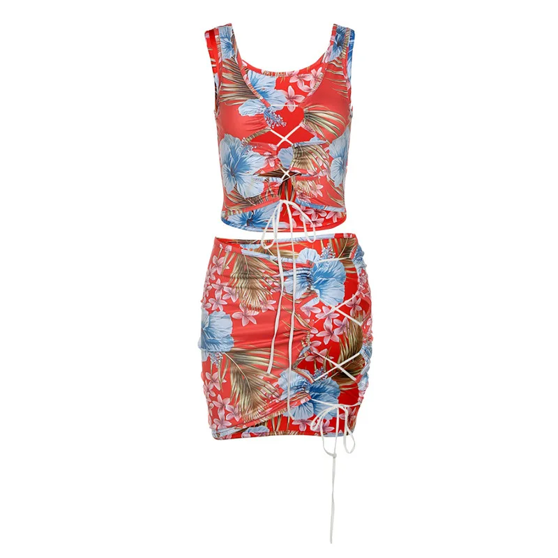 

Sexy Bandage Hollow Out Floral Bodycon Mini Dress Women Summer Sleeveless Printed Dresses Female Beach Clubwear Vestidos