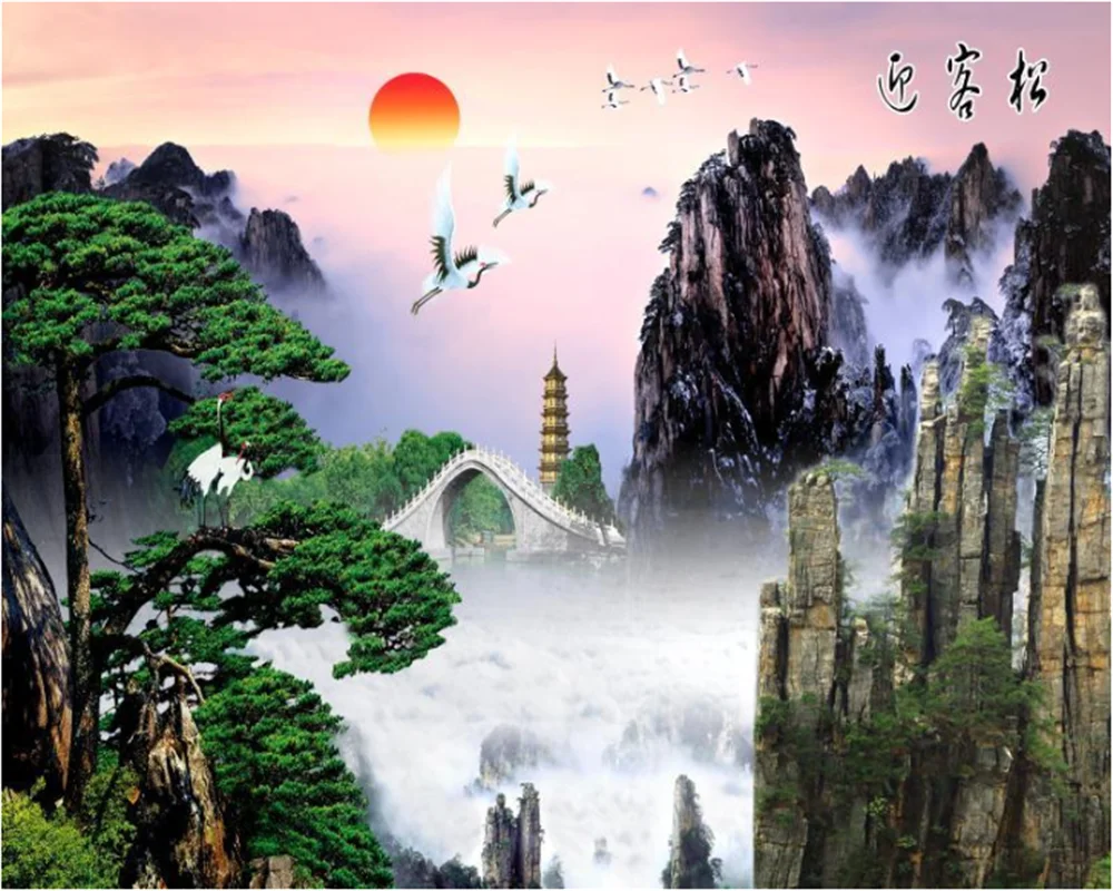 

beibehang Custom wallpaper fashion abstract new Chinese ink landscape welcoming pine waterfall home mural decoration wallpaper