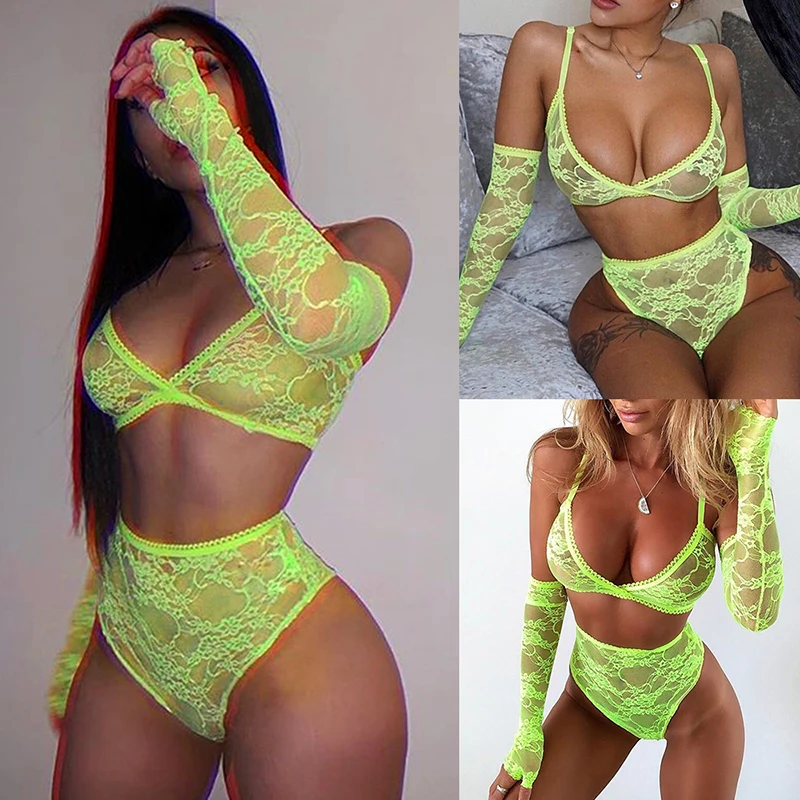 Флуоресцентный зеленый сетчатый кружевной комплект с бюстгальтером и трусиками