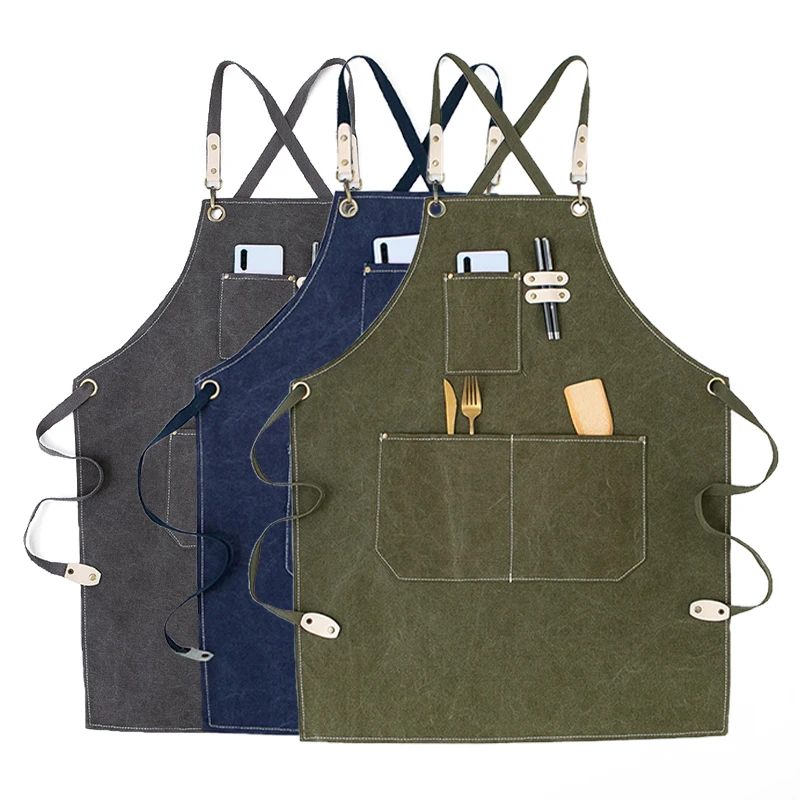 

Enlarged Pocket Canvas Coffee Pinafore Cooking Baking Cleaning Working Bib Waterproof Oil-Proof Women Men Kitchen Apron 46447