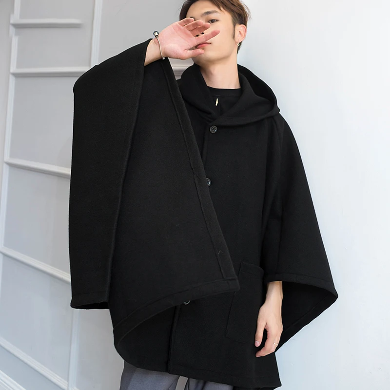 

Loose Mid-length Single-breasted Autumn and Winter Woolen Coat Hooded Cloak Coat Male Dark Shawl Cloak Hip Hop Mens Overcoat