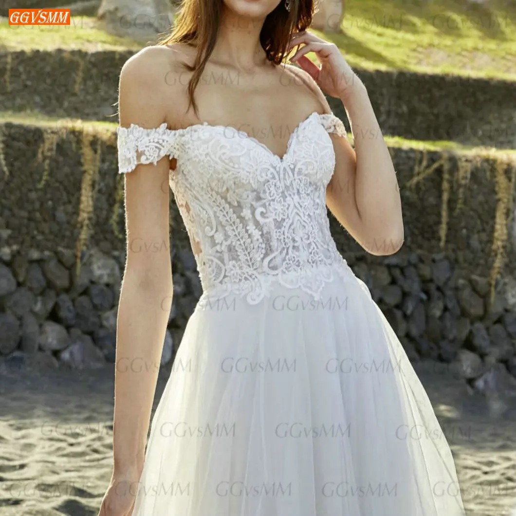 Новые белые трапециевидные Свадебные платья с открытыми плечами тюль