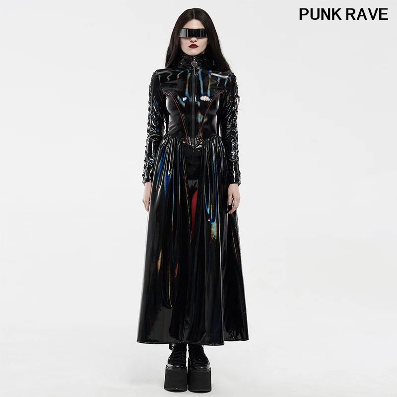 

Длинное пальто Cyber rococo laser, Готическая тонкая Женская эластичная блестящая поверхность, лазерная завязка, дизайнерская длинная куртка в сти...