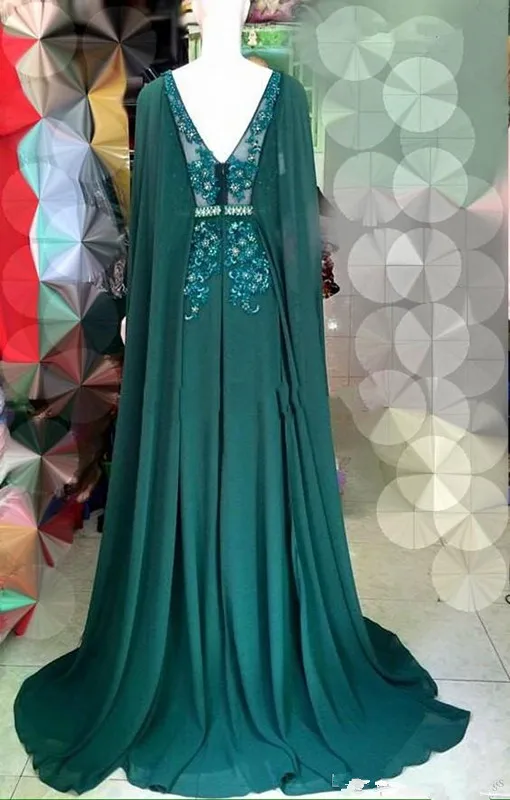 2019 Dark Green Cape Style Evening Dresses Elie Saab Lace Applique Beads Chiffon Prom Sweep Train Formal Party | Свадьбы и торжества