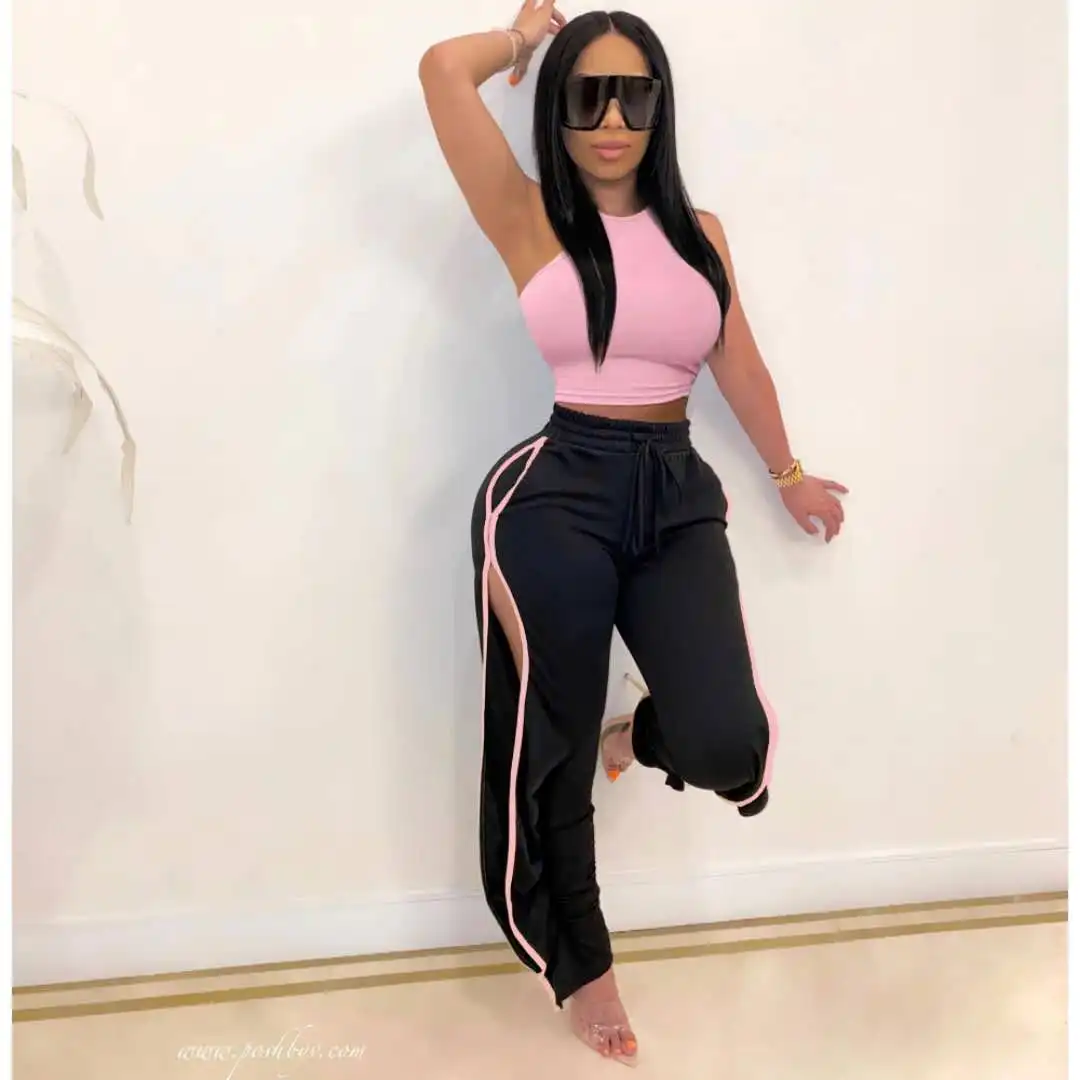

Women's Fashion Two Pieces Pants Sets Solid Color Slim Fit Crop Tops and Side Split Sweatpants Outfits Casual Tracksuits 2021