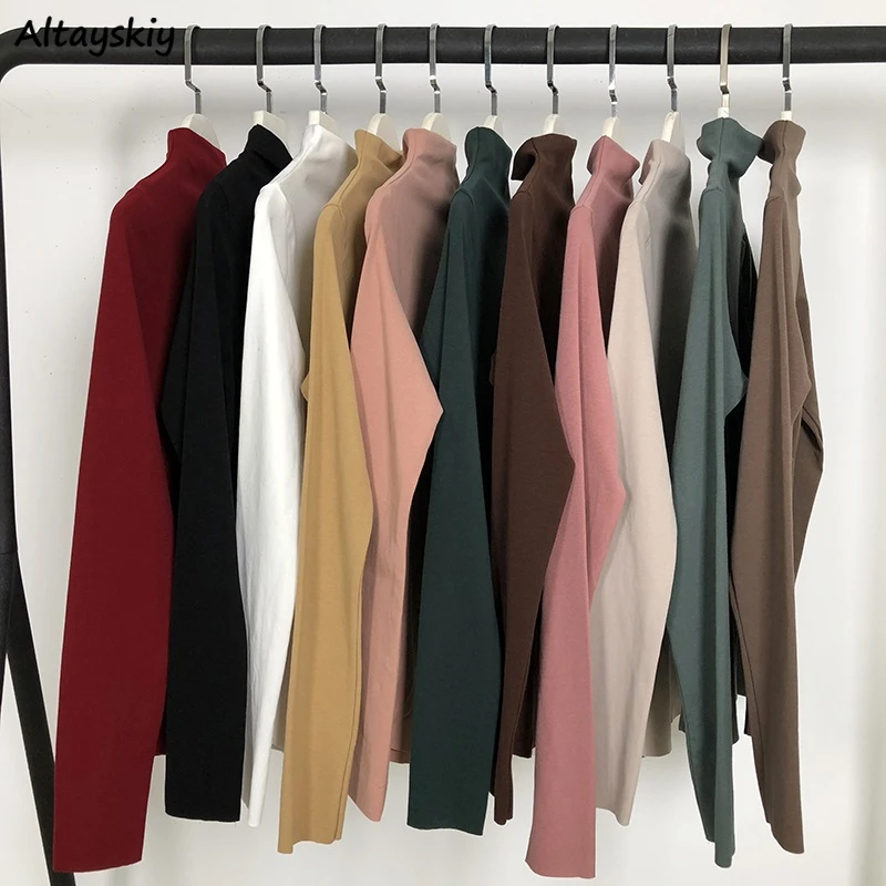 

Women Turtleneck T-shirts Solid Slender Long Sleeve Tees Casual All-match Korean Ins Minimalist Tshirt Feminine Vintage Cozy Top