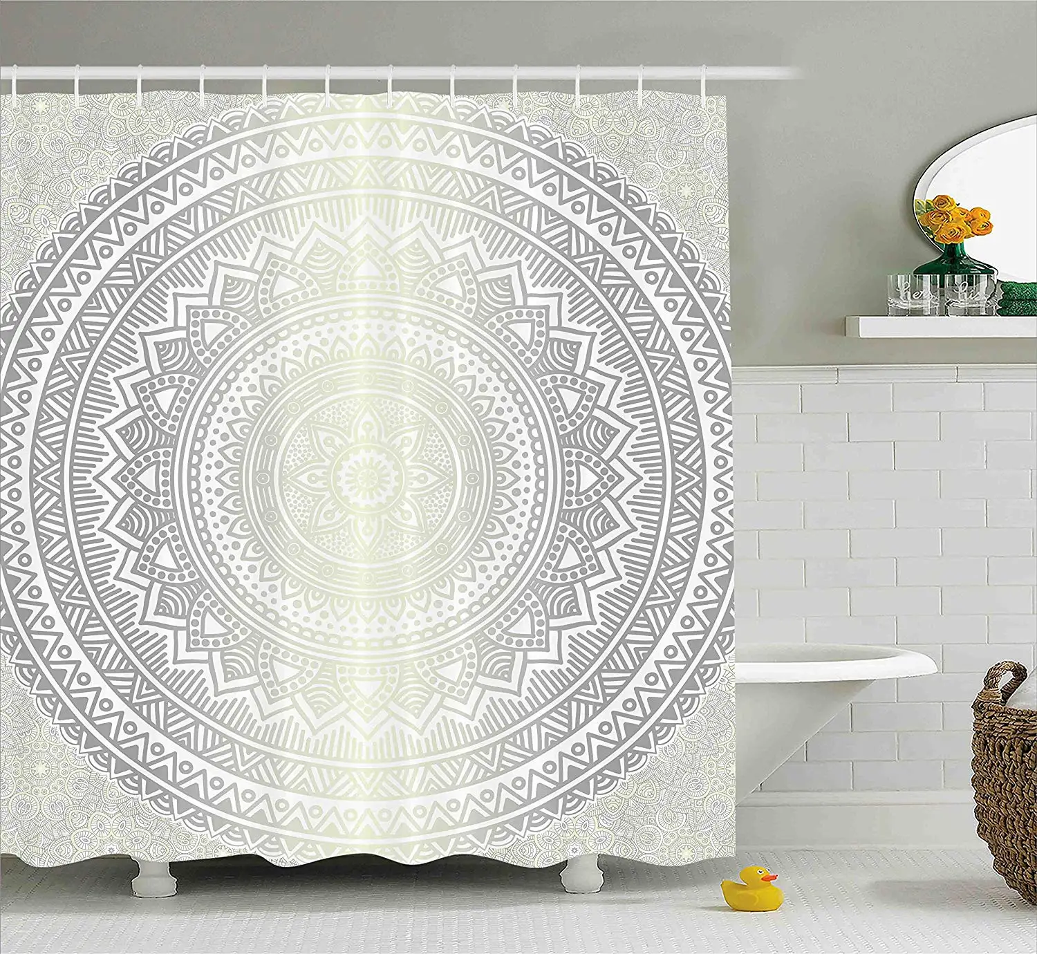 

Grey and White Shower Curtain Medallion Pattern Round Shape Mandala Hippie Ombre Retro Culture Design Fabric Bathroom Decor Set