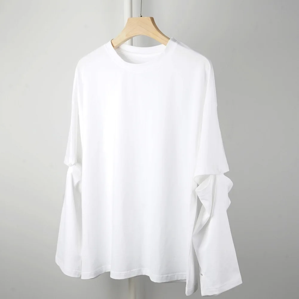 

Women T-shirt 2021 New Loose Personality Two-section Sleeves Detachable Round Neck Solid Color Wild White T-shirt