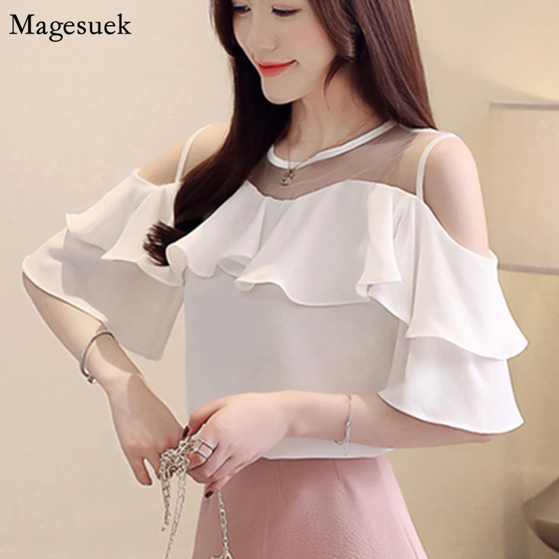 

Новая модная белая рубашка с короткими рукавами блузки для женщин Повседневное летний топ шифоновая блузка с открытыми плечами, Женские то...