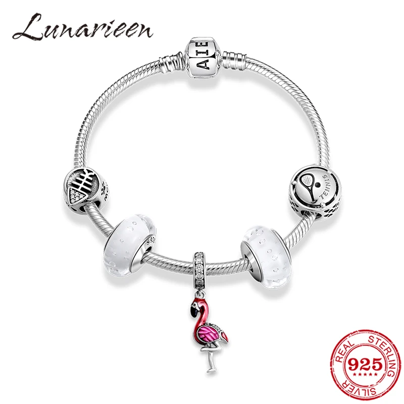 

Flamingo pendant 925 Sterling Silver Charm snake bone chain Bracelets sparkling Beads fashion jewelry women accessories