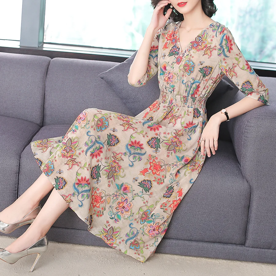 

2021 Vintage Mulberry Silk Midi Dresses Spring Summer New 3XL Plus Size Runway Maxi Dresses Elegant Women Bodycon Party Vestidos