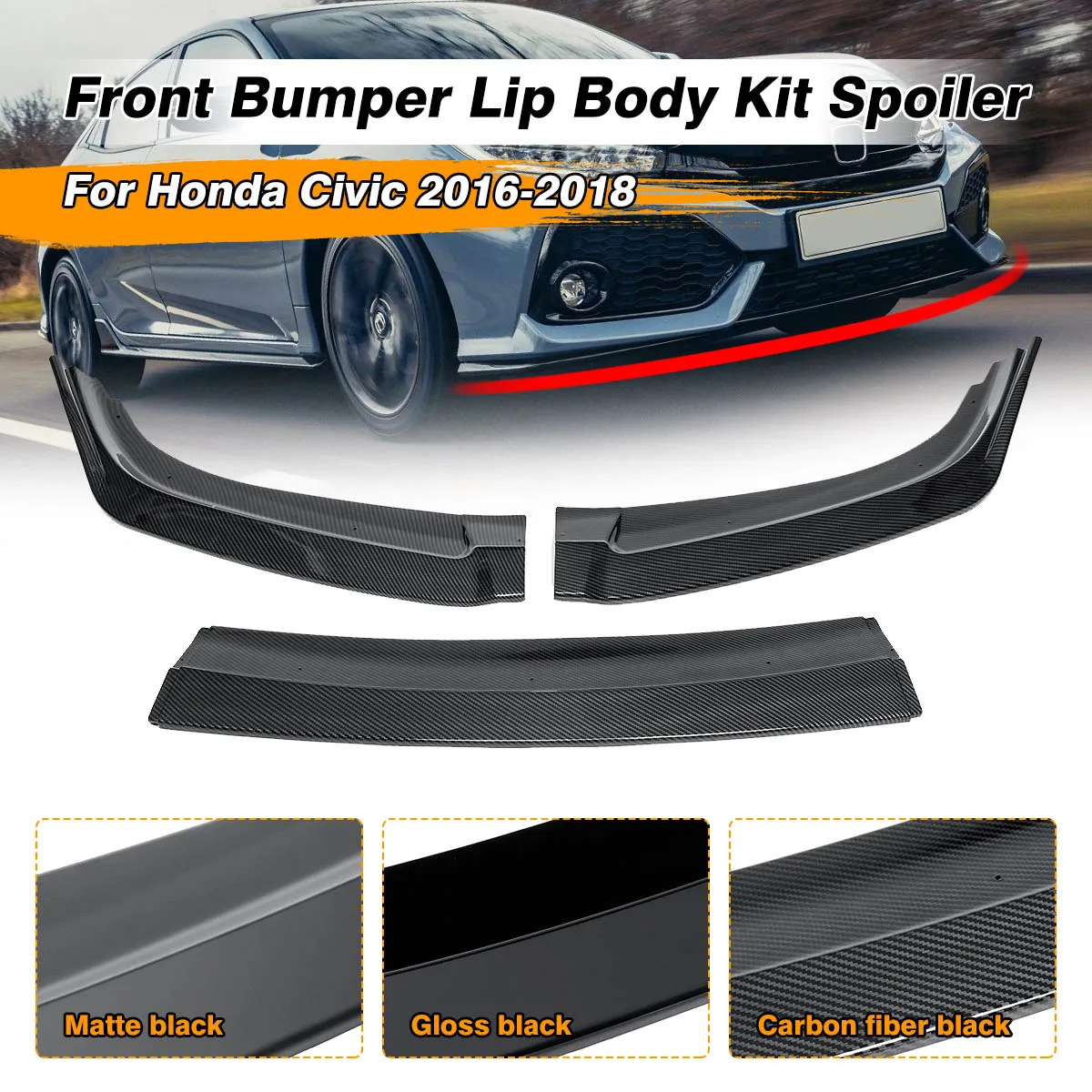 

3Piece Car Front Bumper Lip Spoiler Diffuser Cover Trim For Honda For Civic 2016 2017 2018 Front Bumper Lip Splitter Fins Body