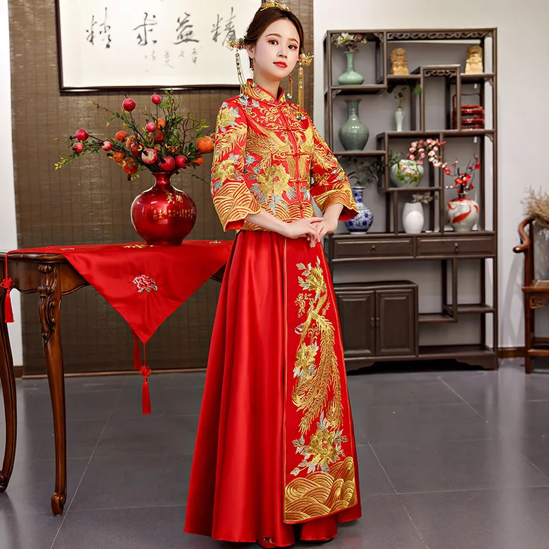 

Высококачественное красное свадебное платье в Восточном китайском ретро-стиле с вышивкой, атласный винтажный чонсам, классический костюм